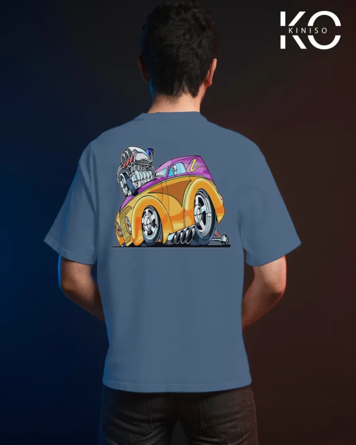 Image of Glaucous Blue color drop shoulder t-shirt with Racing Car Engine Print for men at reasonable price